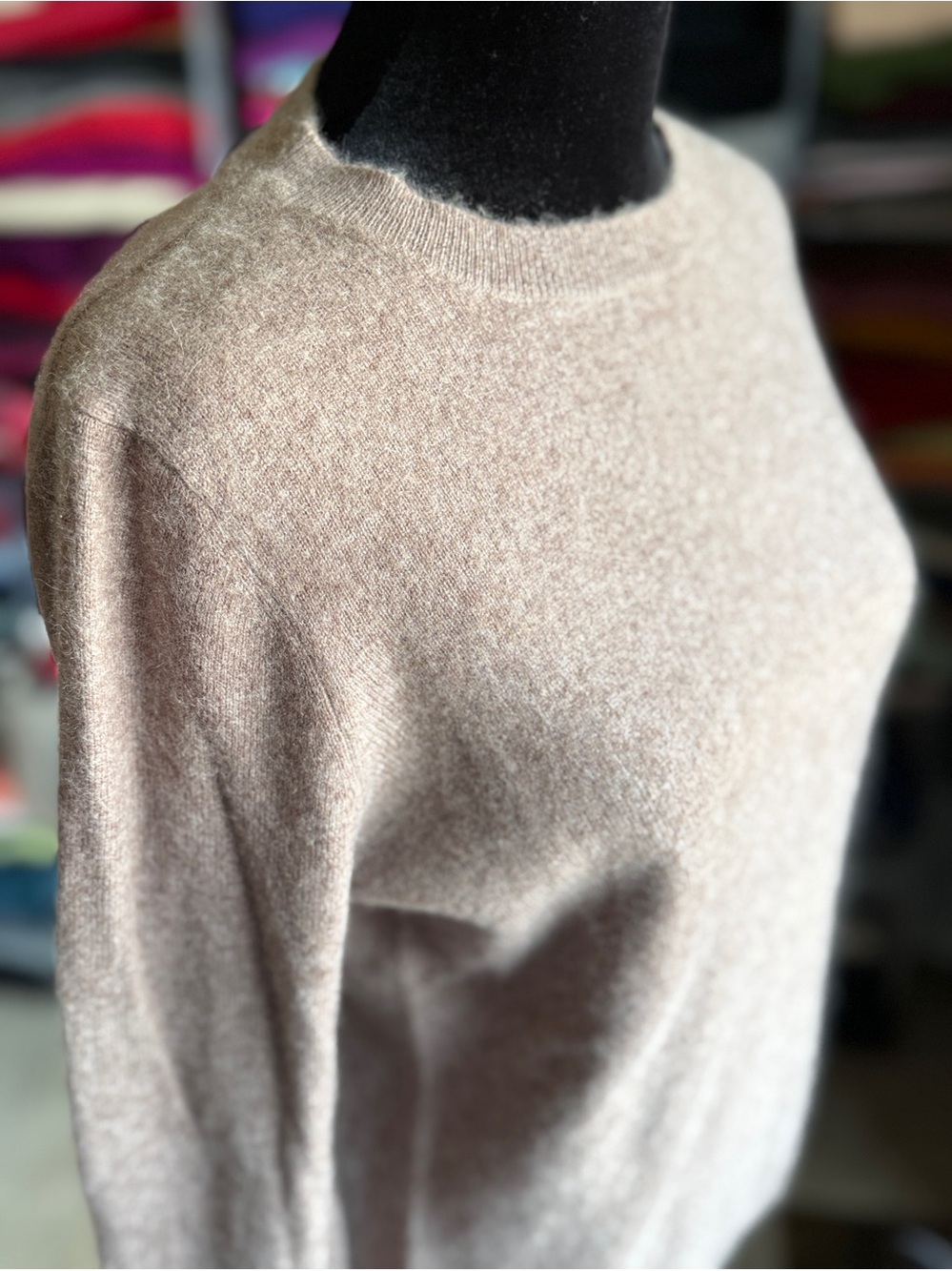 Soft, Fuzzy Cashmere Crewneck Women's Sweater in Light Oatmeal
